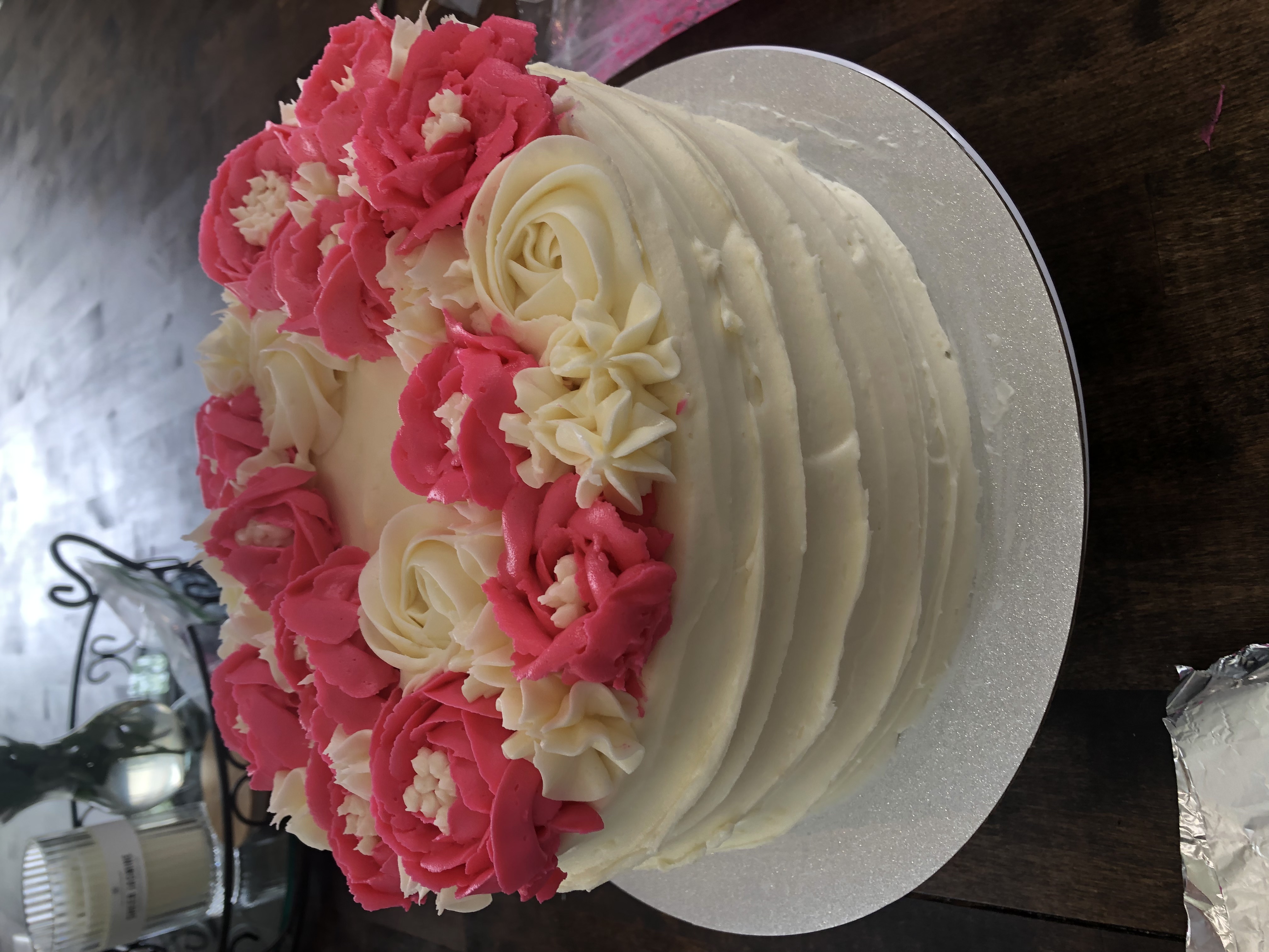 50th birthday cake with vanilla buttercream flowers.